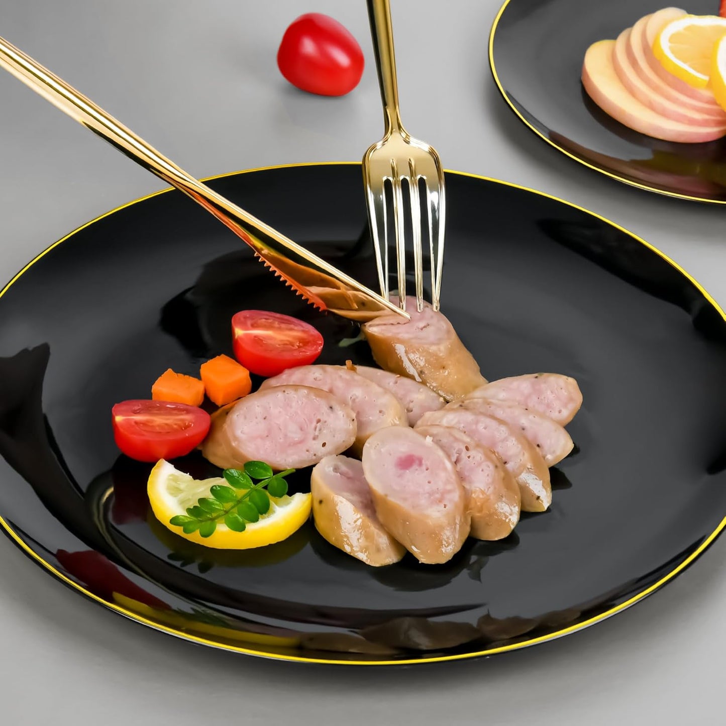 I00000 150Pcs Black Plastic Plates,Heavy Duty Black Plates for 30 Guests,Plastic Dinnerware Set Include 30 Dinner Plate,30 Dessert Plate,90 Gold Cutlery Set for Party