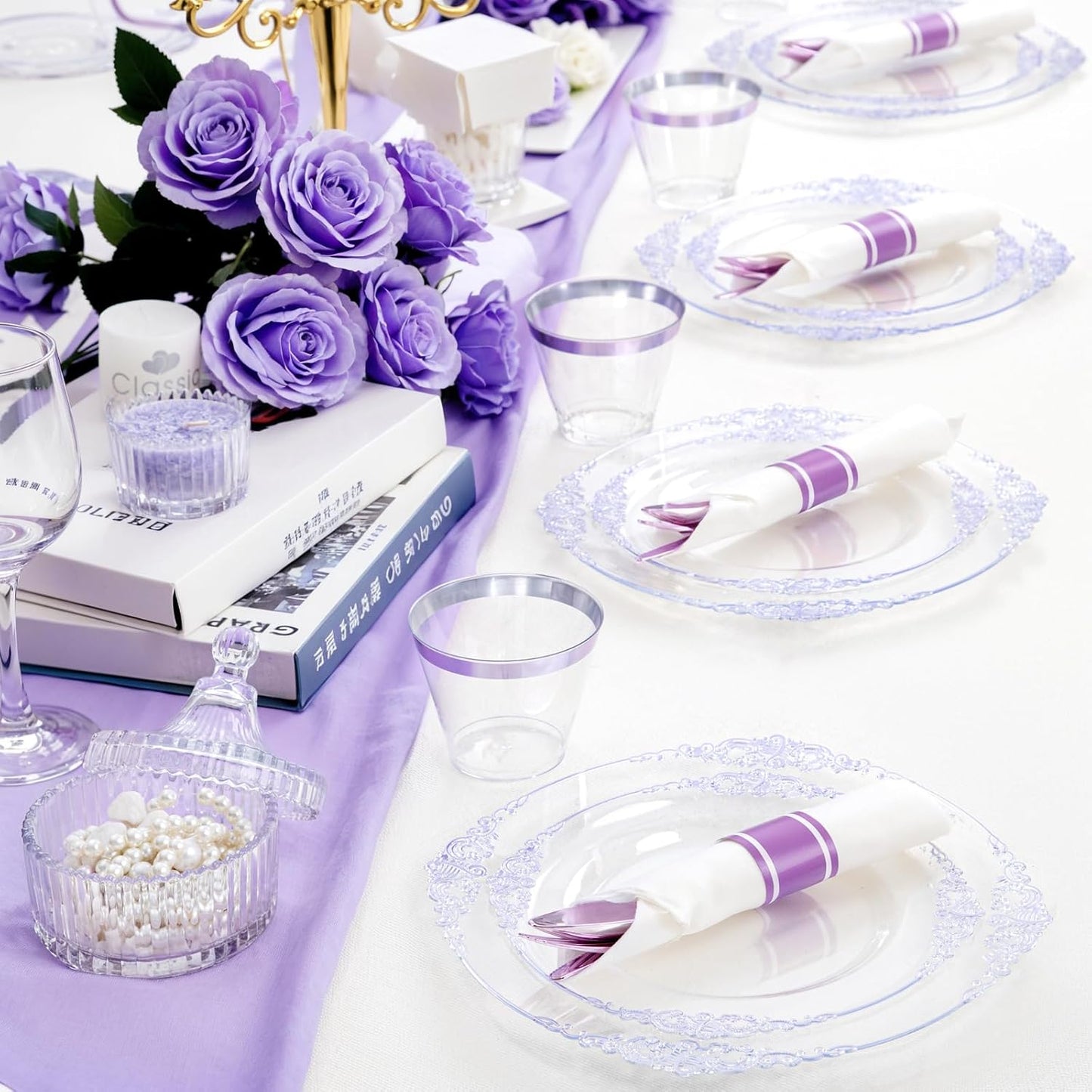 Hioasis 175pcs Clear Purple Plastic Plates - Elegant Disposable Dinnerware Set Suitable for 25 Guests Include 10.25" Dinner & 7.5" Dessert Plates, Pre Rolled Silverware Set, Cups for Party & Wedding