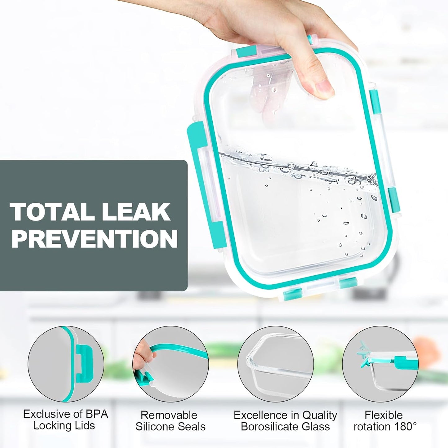 VERONES 10Pack Glass Meal Prep Containers, Airtight Glass Lunch Containers,Stackable Glass Food Storage Containers Set with Lids,Exclusive of BPA, for Microwave,Oven, Freezer&Dishwasher Friendly,Green