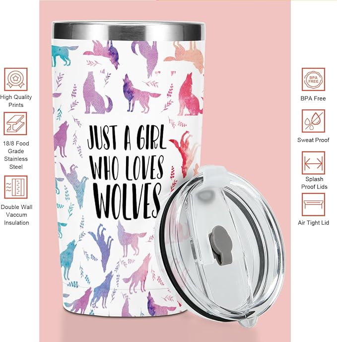 Cute Wolf Stuff Tumbler, Wolf Decor 20 oz Stainless Steel Coffee Mug，Travel Cup，Insulated Cup with Lid for Car, Perfect Gifts for Girl Sister Friend Animal Lover Christmas Birthday