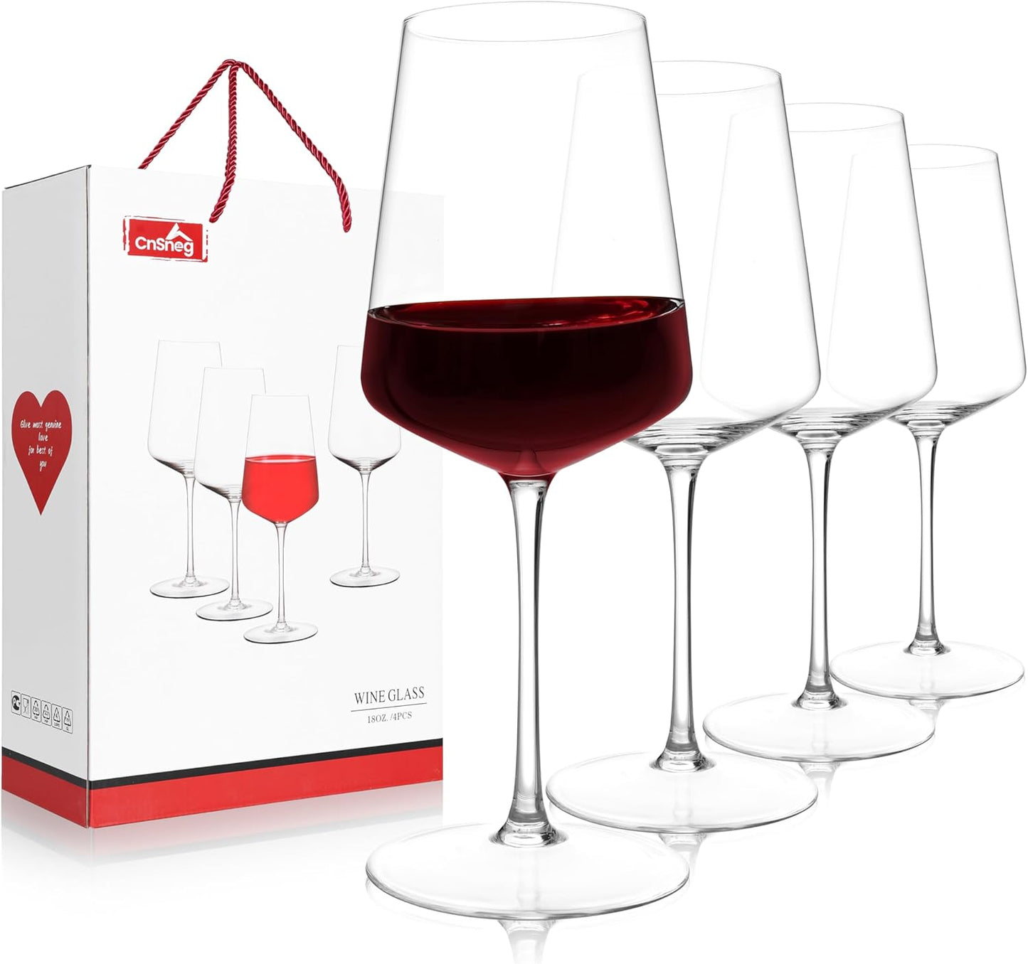 Red Wine Glasses Set of 4, Hand Blown Stemmed Wine Glass 18oz, Premium Crystal White Wine Glasses for Christmas, Birthday, Wedding Gift