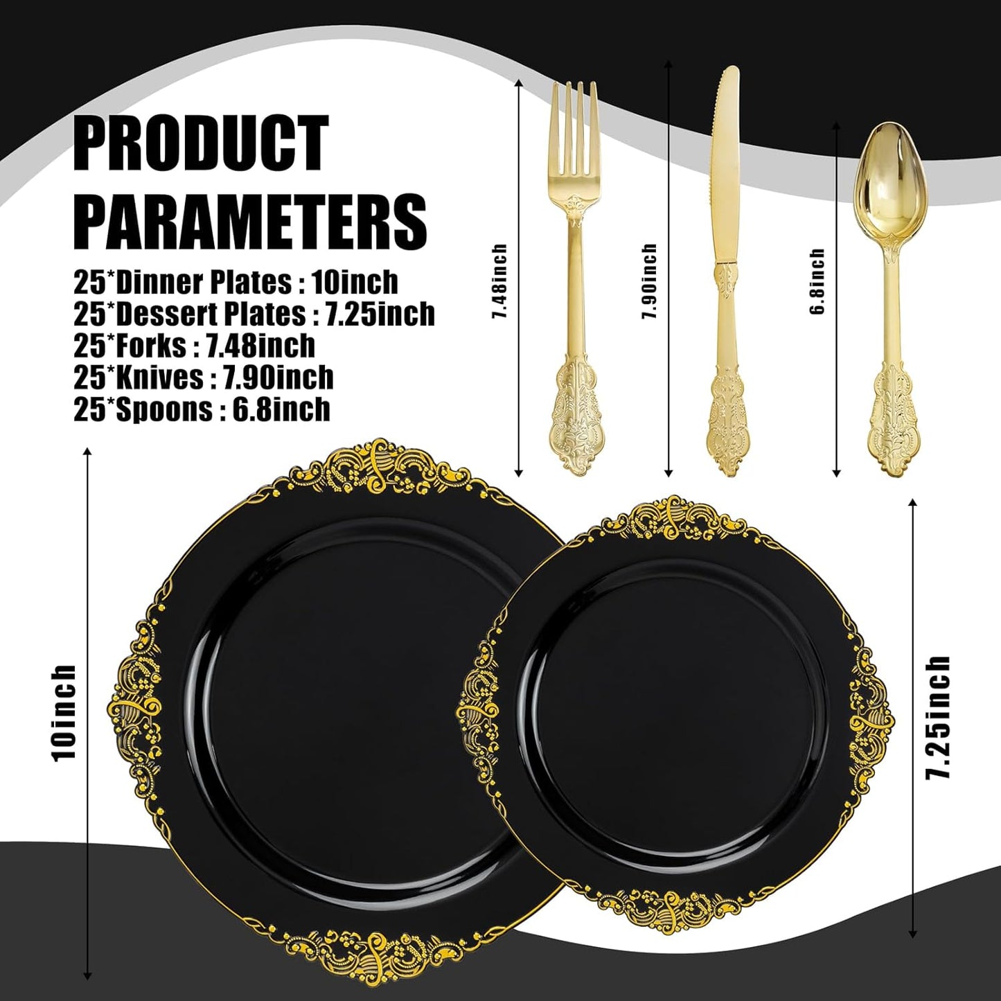 125PCS Black and Gold Plastic Plates - Black Disposable Dinnerware Set - Vintage Plastic Plates with Gold Silverware for 25 Guests for Wedding Party Halloween