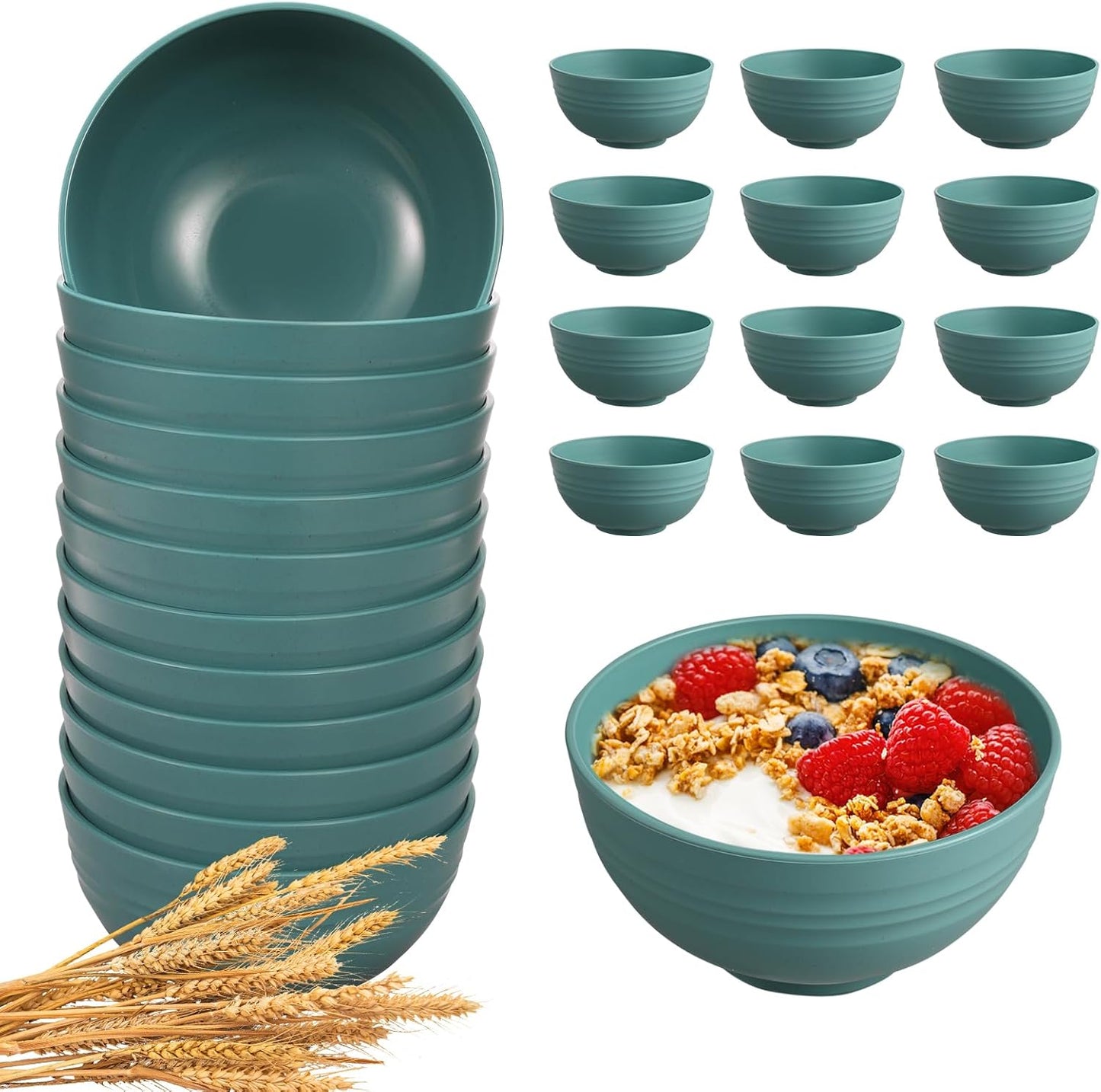 12 Pcs Unbreakable Cereal Bowls Set, 26 Oz Wheat Straw Bowls Set, Microwave & Dishwasher Safe Bowls for Kitchen, Reusable Plastic Bowls for Soup, Salad and Snack, BPA Free, Dark Green
