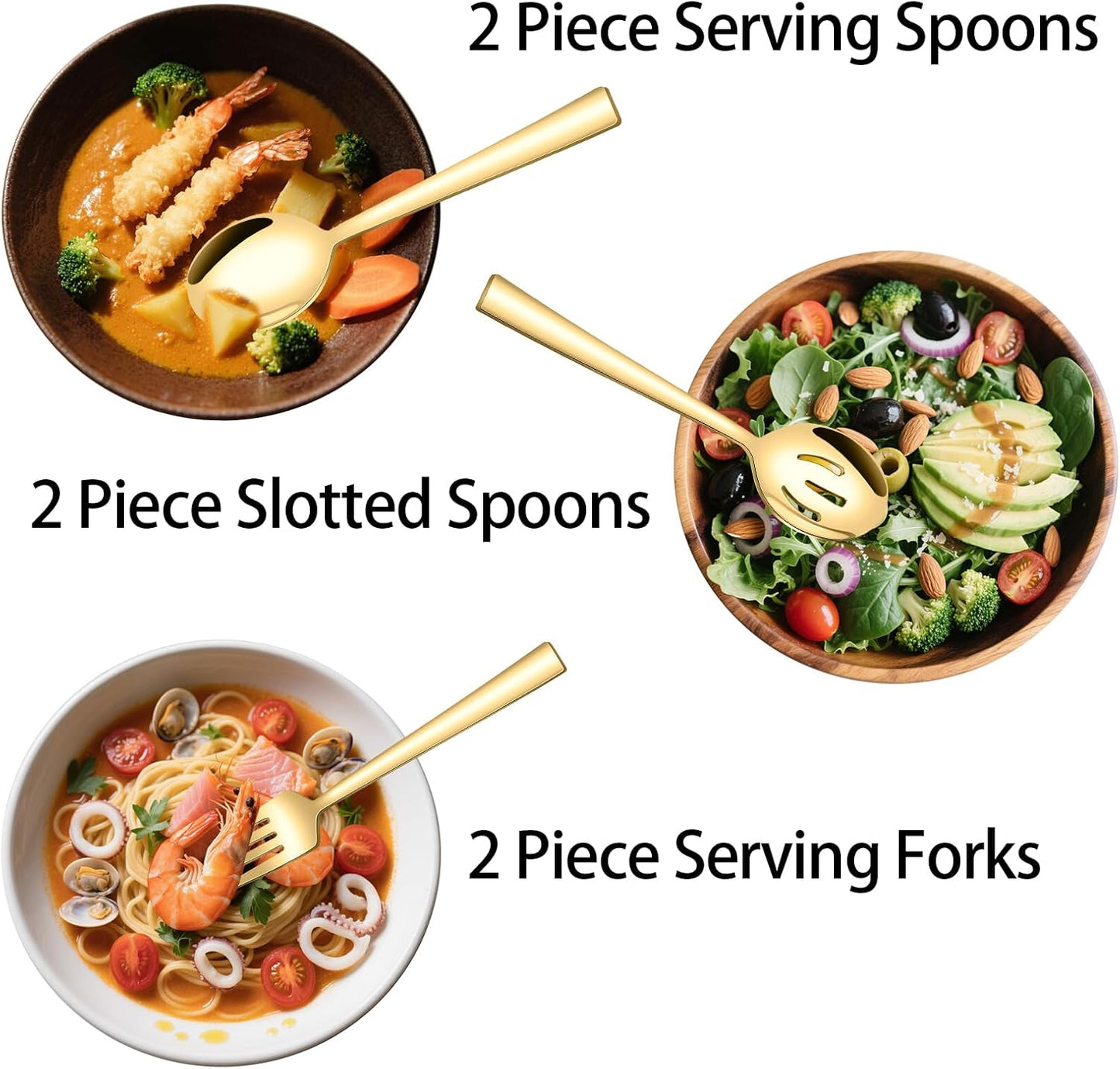 10 Piece Gold Serving Utensils, Amafox Stainless Steel Catering Serving Utensils Set Include Large Spoons, Slotted Spoons, Forks, Appetizer Tongs 9'', Cake Server, Butter Knife, for Daily Use