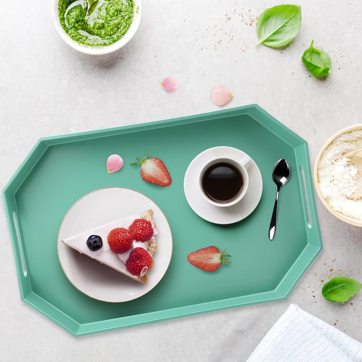 Green Octagonal Serving Tray with Handles for Coffee Table, Plastic Decorative Tray for Ottoman, Kitchen Counter, Living Room, Outdoor Lacquer Tray for Entertaining