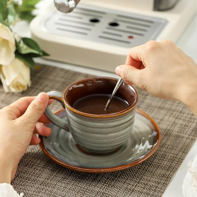 Hasense Ceramic Tea Cups and Saucers, 8oz Cappuccino Cups Set of 4, Espresso Coffee Mugs for Home and Office, Perfect for Coffee, Cappuccino, Latte, Americano, Milk and Tea - Grey Brown