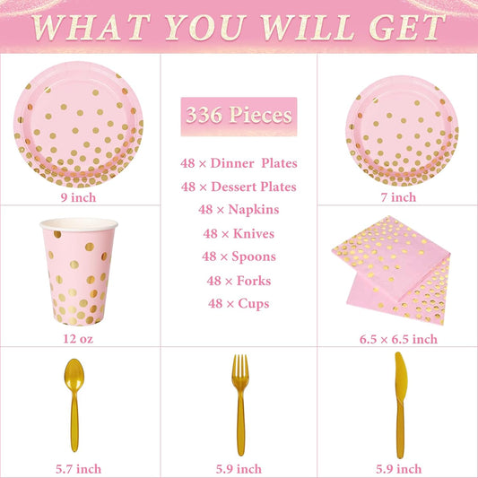 DECORLIFE 336PCS Pink and Gold Disposable Dinnerware Set Serves 48, Pink Paper Plates Napkins Cups, Gold Plastic Forks Spoons Knives for Wedding Baby Shower Princess Birthday Party Supplies