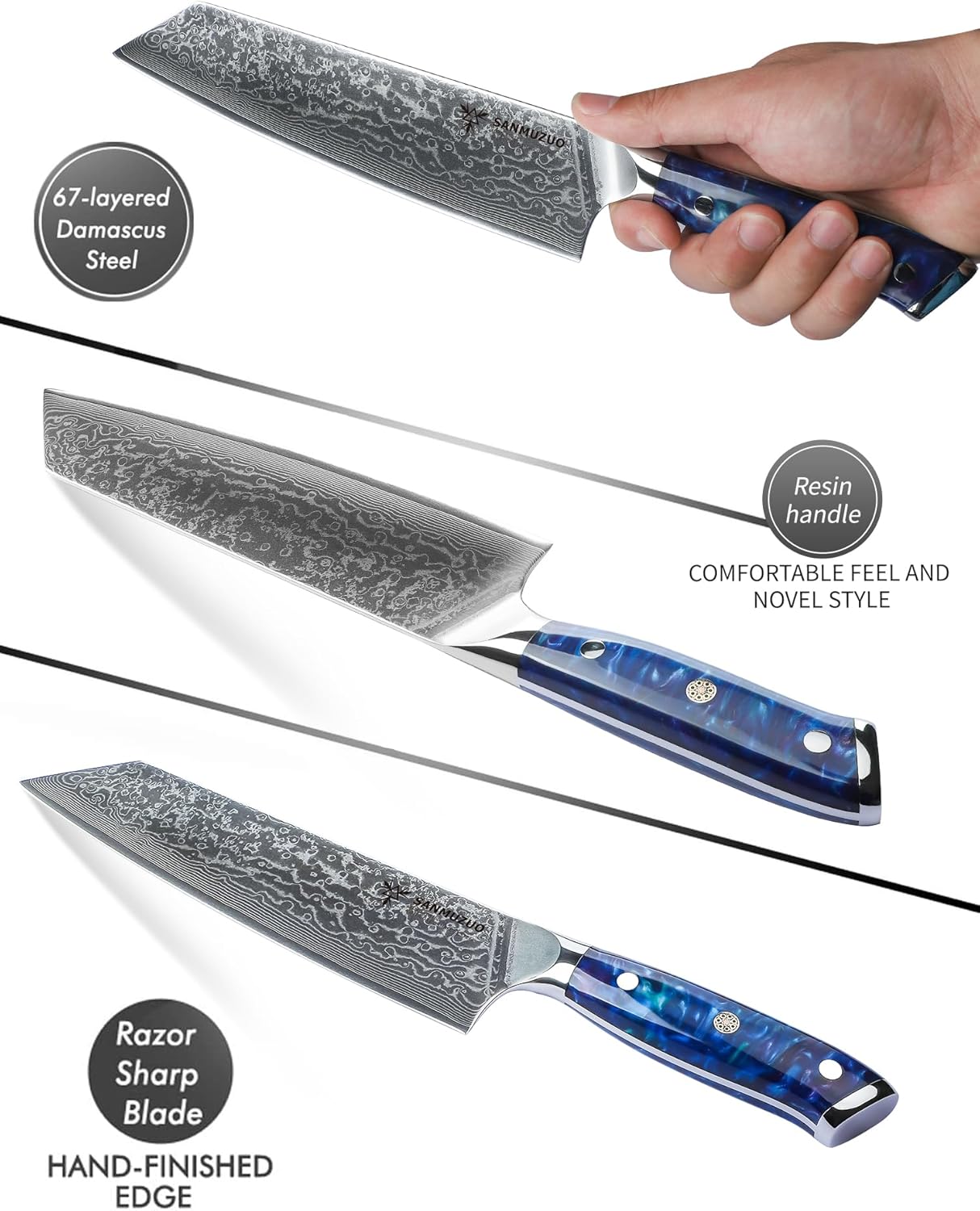 8.5 inch Kiritsuke Kitchen Chef Knife - 67 Layers Damascus Steel & Resin Handle - Xuan Series(Sapphire Blue)
