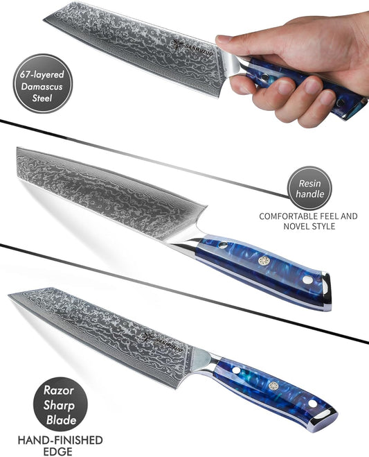 8.5 inch Kiritsuke Kitchen Chef Knife - 67 Layers Damascus Steel & Resin Handle - Xuan Series(Sapphire Blue)