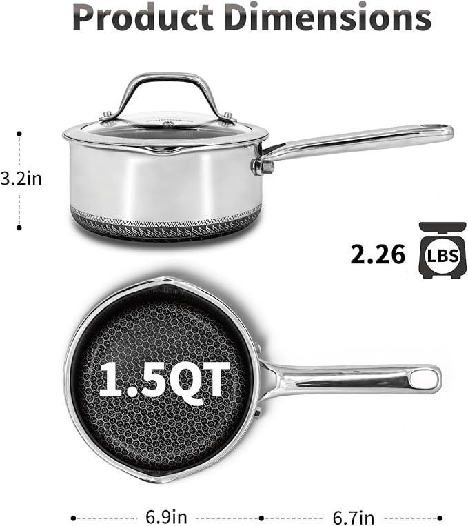 Hybrid Nonstick 1.5 QT Saucepan with Lid, Stainless Steel Honeycomb Pot with Two Pour Spouts,Compatible with All Cooktops,Dishwasher and Oven Safe