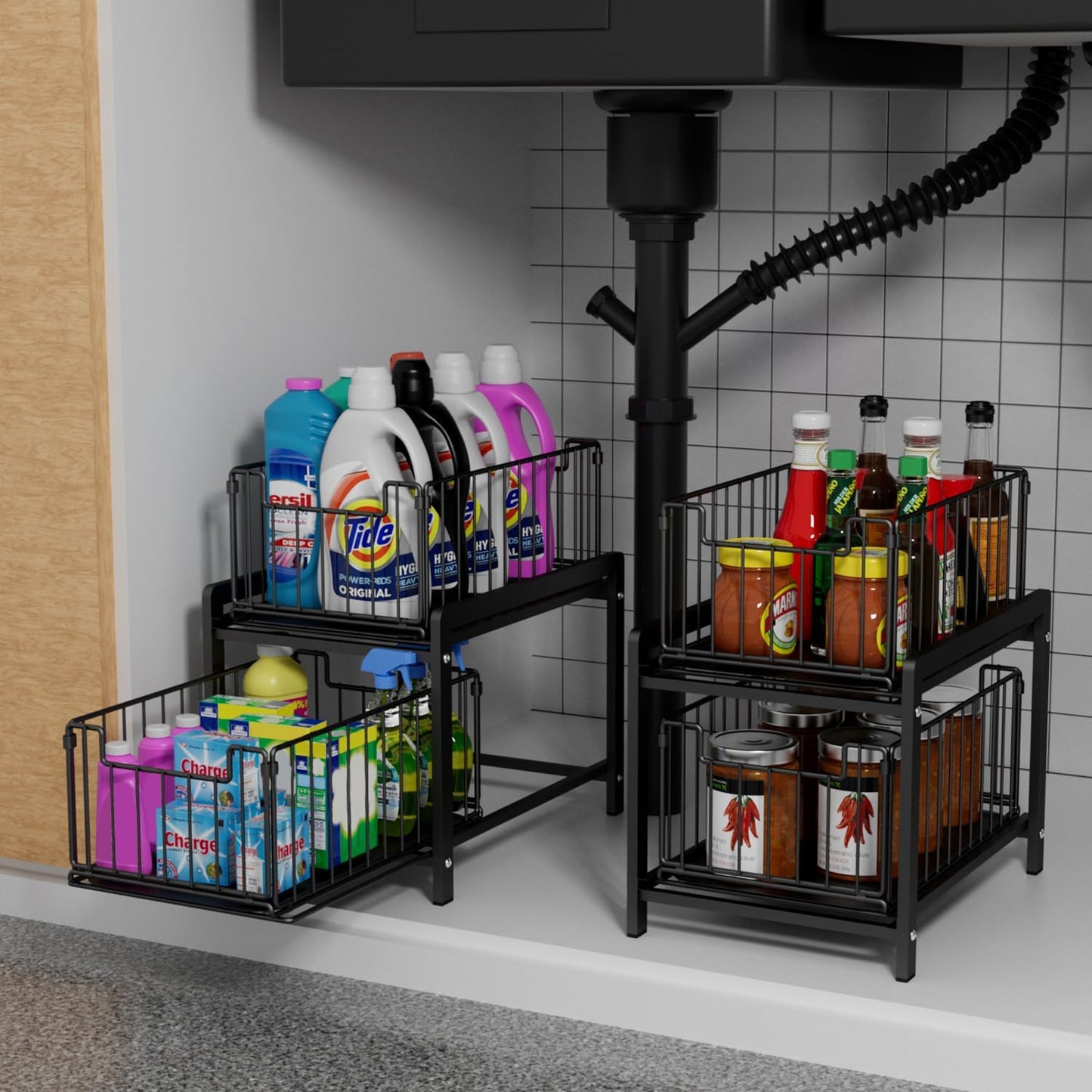 2 Tier Sliding Basket Drawer Organizer, Lxmons Pull Out Under Sink Cabinets Organizers, Metal Home Shelf for Bathroom or Kitchen, Sliding Countertop or Pantry Storage Shelf, Large Black