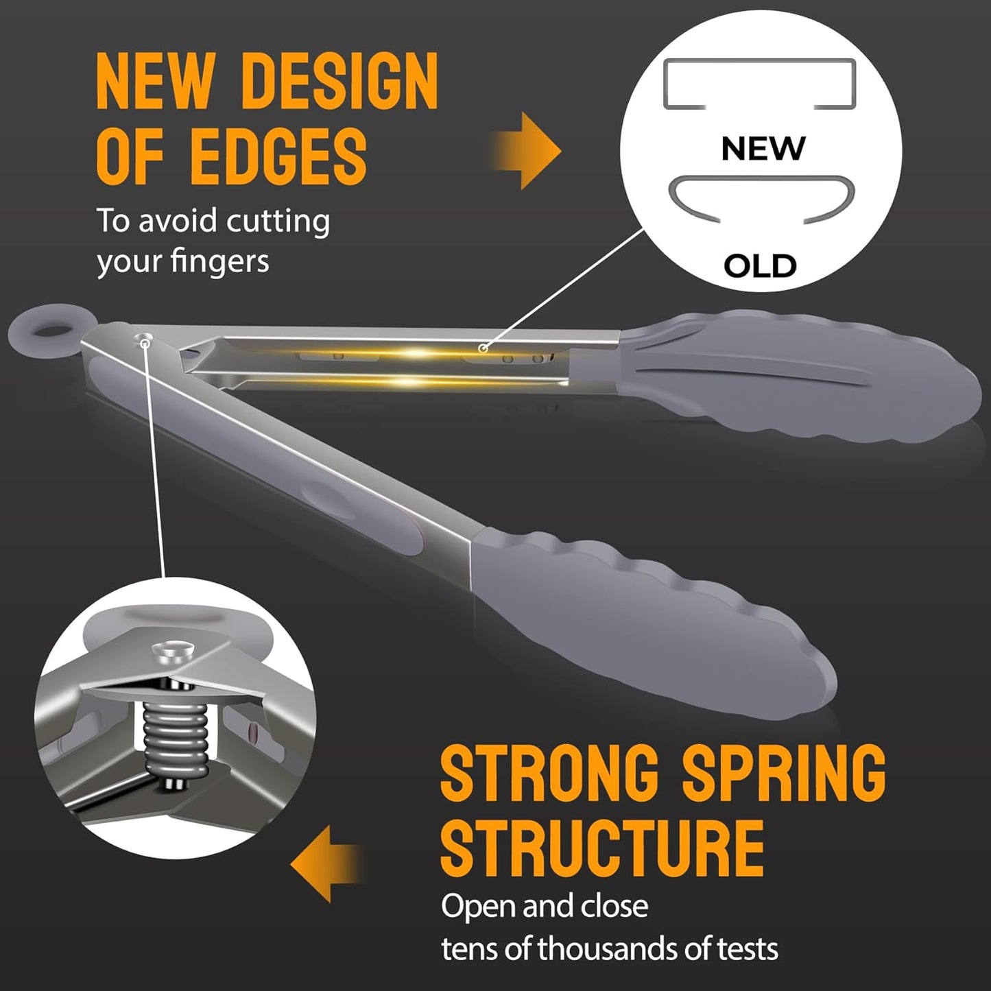 HOTEC Premium Stainless Steel Locking Kitchen Tongs with Silicon Tips, Set of 3-7", 9" and 12" (Grey)