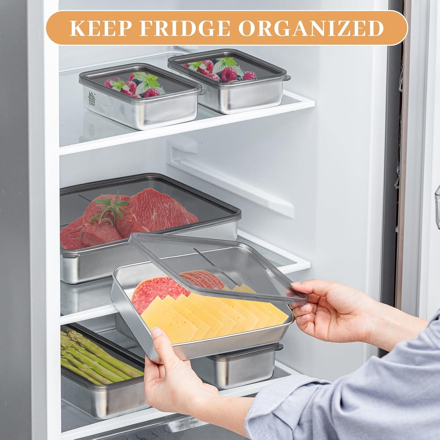 Hushee 6 Pack Bacon Cheese Container for Refrigerator, 304 Stainless Steel Airtight Deli Meat Container, Dishwasher Safe Fridge Storage Fruit Lunch Storage with Lids for Fridge, 4 Sizes