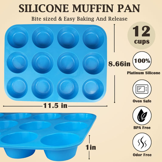 12 Cups Silicone Mini Muffin Pan Set, Nonstick Mini Cupcake Pans, BPA Free Small Muffin Tin for Baking, Set of 2 (Blue+Purple)