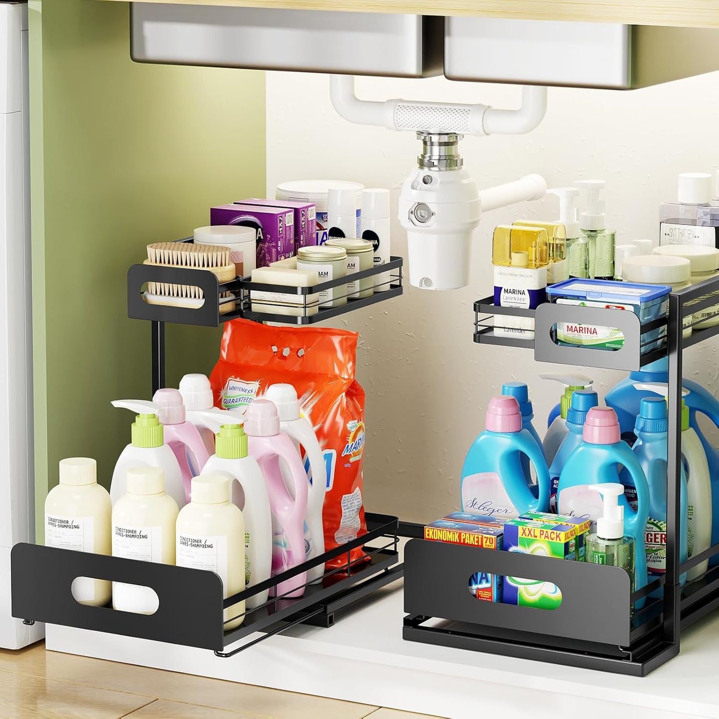 Delamu 2 Pack Metal Bathroom Organizers and Storage, 2 Tier Pull Out Under Sink Organizer with 2 Small Baskets, Adjustable Under Sink Shelf for Multipurpose Cabinet Organizer, Black