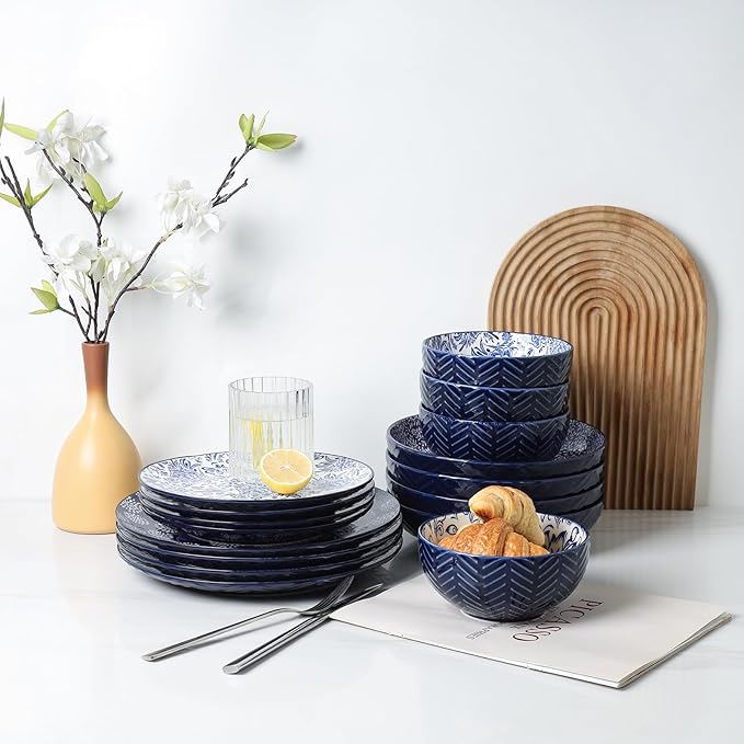 Selamica Dinnerware Sets 16 Piece, Ceramic Plates and Bowls Set, Embossed Dishes Set for 4, Housewarming, Dark Blue