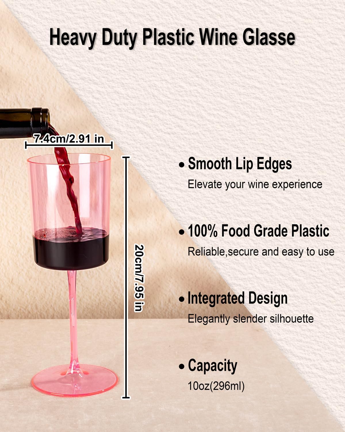 Ciaell 12 Pack Pink Plastic Wine Glasses - 10 Oz Disposable Wine Glasses with Stem for Parties & Weddings & Poolside & Outdoors & Camping