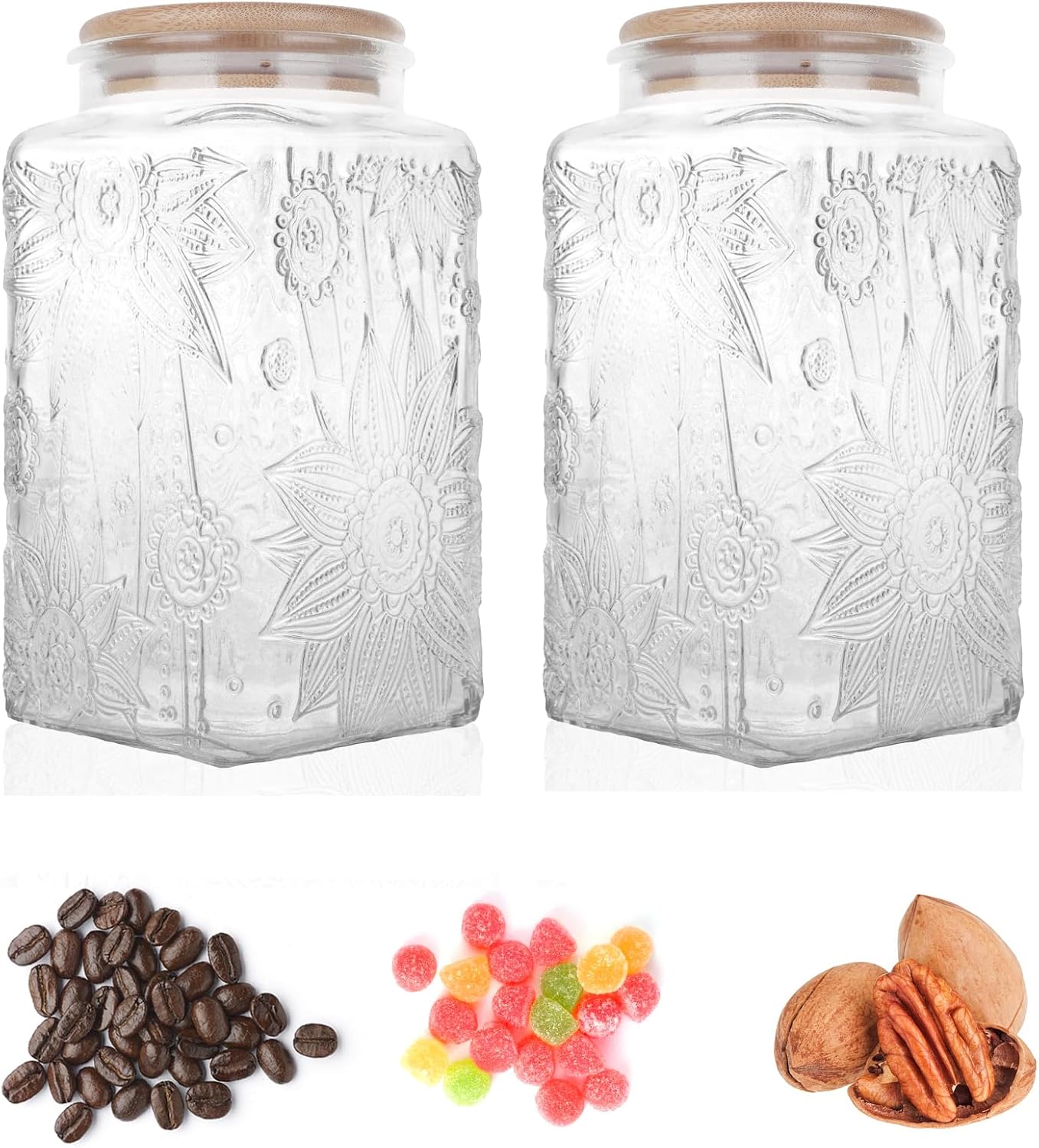 Glass Storage Jars With Airtight Lid, 35oz Canister For Kitchen Counter with Bamboo Lid, brown sugar, candy, coffee, cookie, salt, tea,pantry cute Jar (Large Square Sunflower)