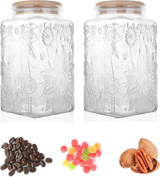 Glass Storage Jars With Airtight Lid, 35oz Canister For Kitchen Counter with Bamboo Lid, brown sugar, candy, coffee, cookie, salt, tea,pantry cute Jar (Large Square Sunflower)
