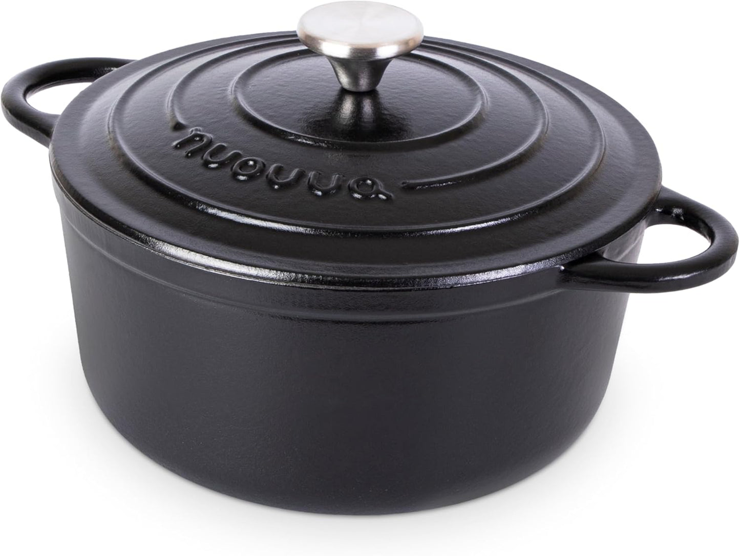 Cast Iron Pot with Lid – Non-Stick Ovenproof Enamelled Casserole Pot, Oven Safe up to 500° F – Sturdy Dutch Oven Cookware – Black, 5-Quart, 24cm – by Nuovva