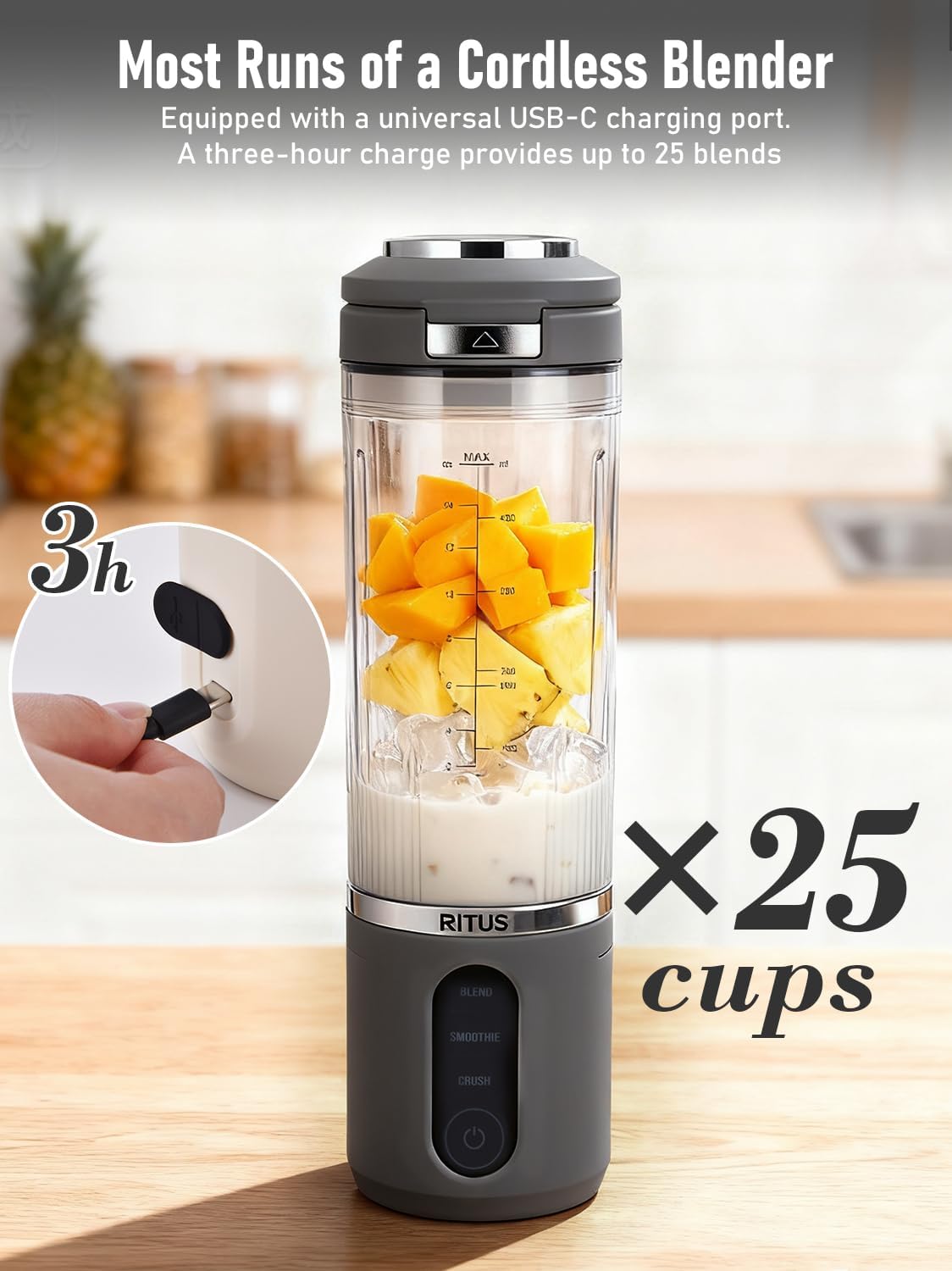 RITUS VORTEX Pro Portable Blender,Personal Blender w/Removable Vessel-for-Smoothies Blend Ice Crush 3 Programs,Cordless 20oz BPA Free Vessel Magnetic-Ring Dishwasher Safe, Leakproof，Grey
