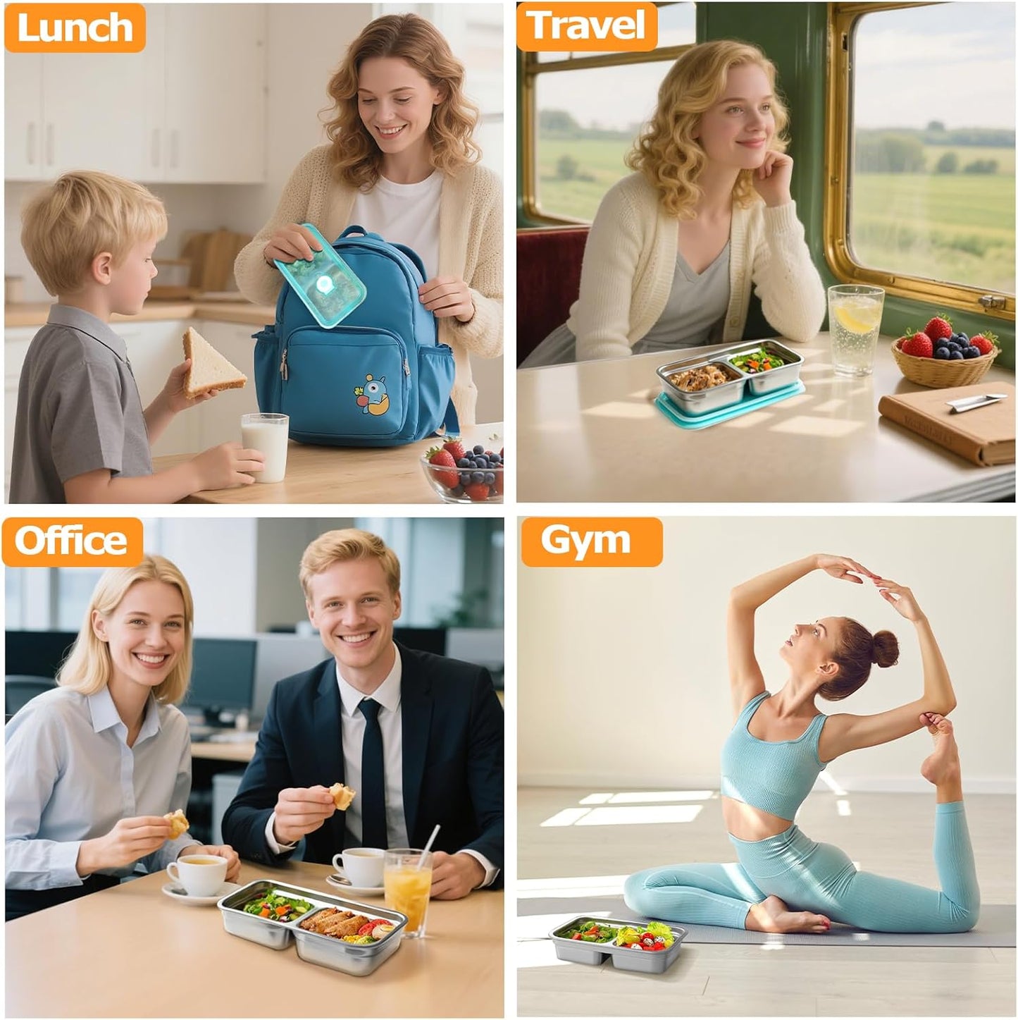 Stainless Steel Snack Containers with Lids - Reusable 2 Compartment Stainless Steel Bento Lunch Box, Food Storage, 6 Pack with Forks, Leak Proof, Dishwasher-Safe, Grab and Go for Work, Camping, Travel