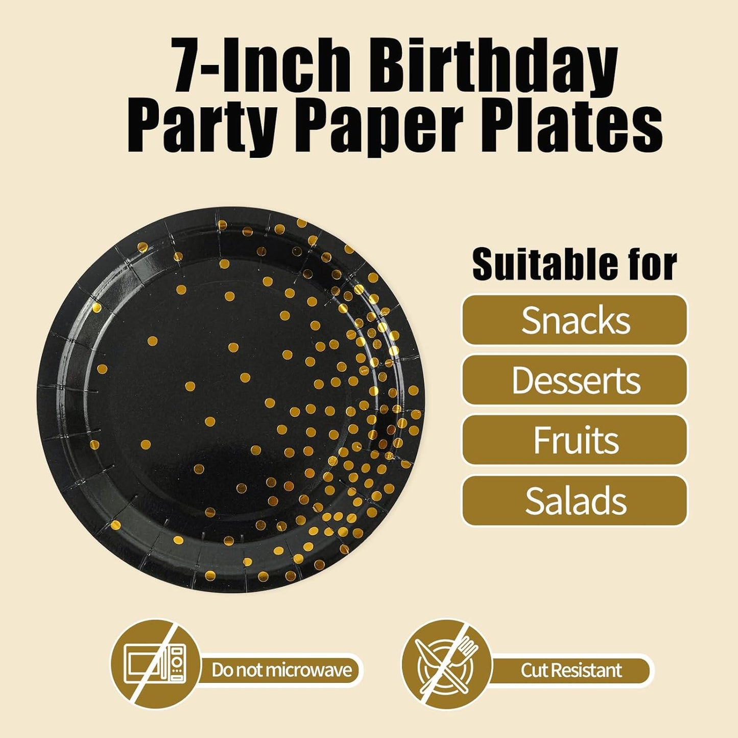 90PCS Black and Gold Paper Plates and Napkins Set, Disposable Gold Dot Party Plates with Napkins Forks Dessert Dinnerware Party Supplies for Wedding, Graduation, Festivals