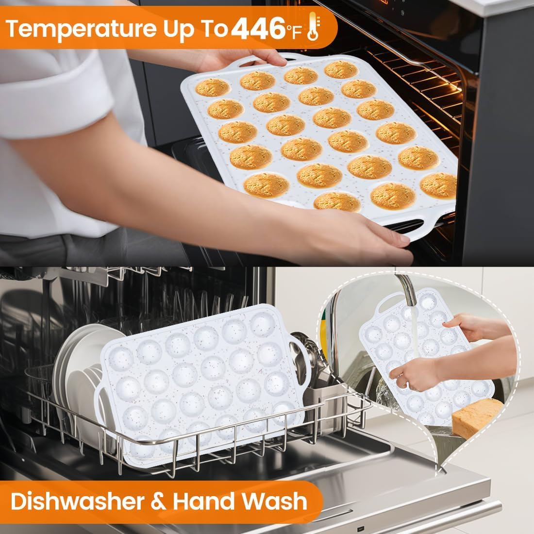 Muffin Pan With Stainless Steel Reinforced Frame - 24 Cups Durable Silicone Baking Pan for Muffins, Cupcakes, BPA Free and Dishwasher Safe - White with Coffee Spots - 1 Piece