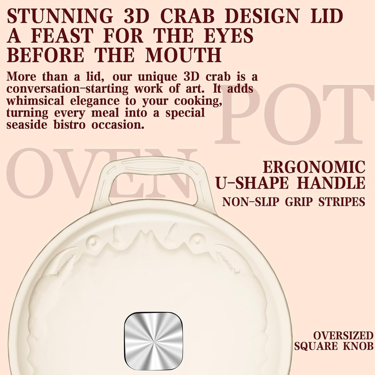 Enameled Cast Iron Dutch Oven - 5QT Dutch Oven Pot with Crab Lid & Oversized Knob & Ergonomic Handles - Heavy Duty Cookware for Braising, Stews, Roasting, Bread Baking - Cream White