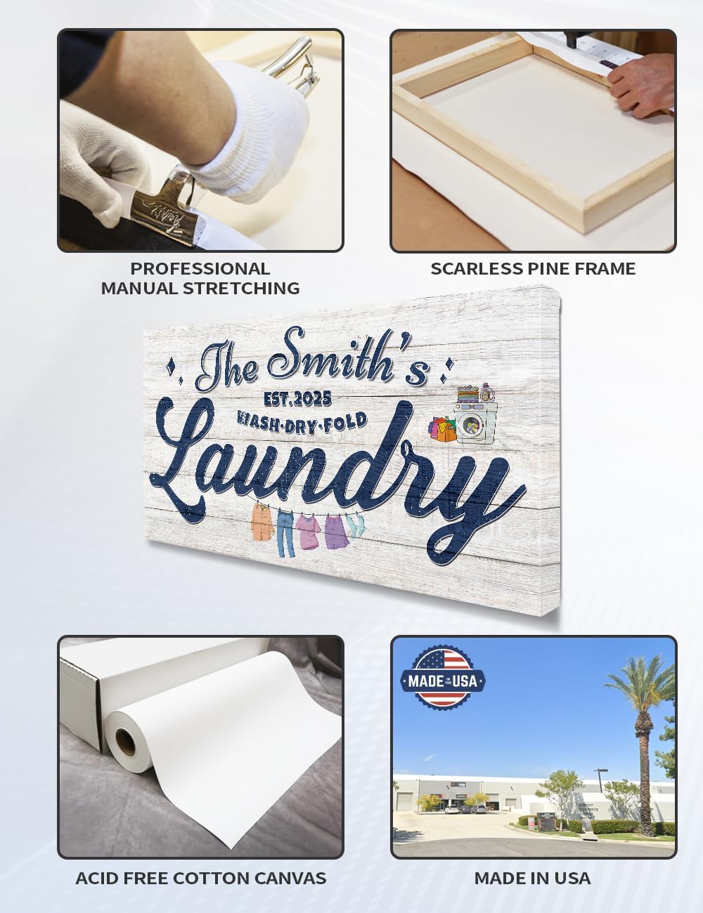 IPIC - Personalized Laundry Room Sign, Custom Canvas Wall Art with Family Name, Rustic Home Decor Printed Acid-Free Cotton Canvas for Business and Home, Made in USA and Ready to hang for Laundry Decor