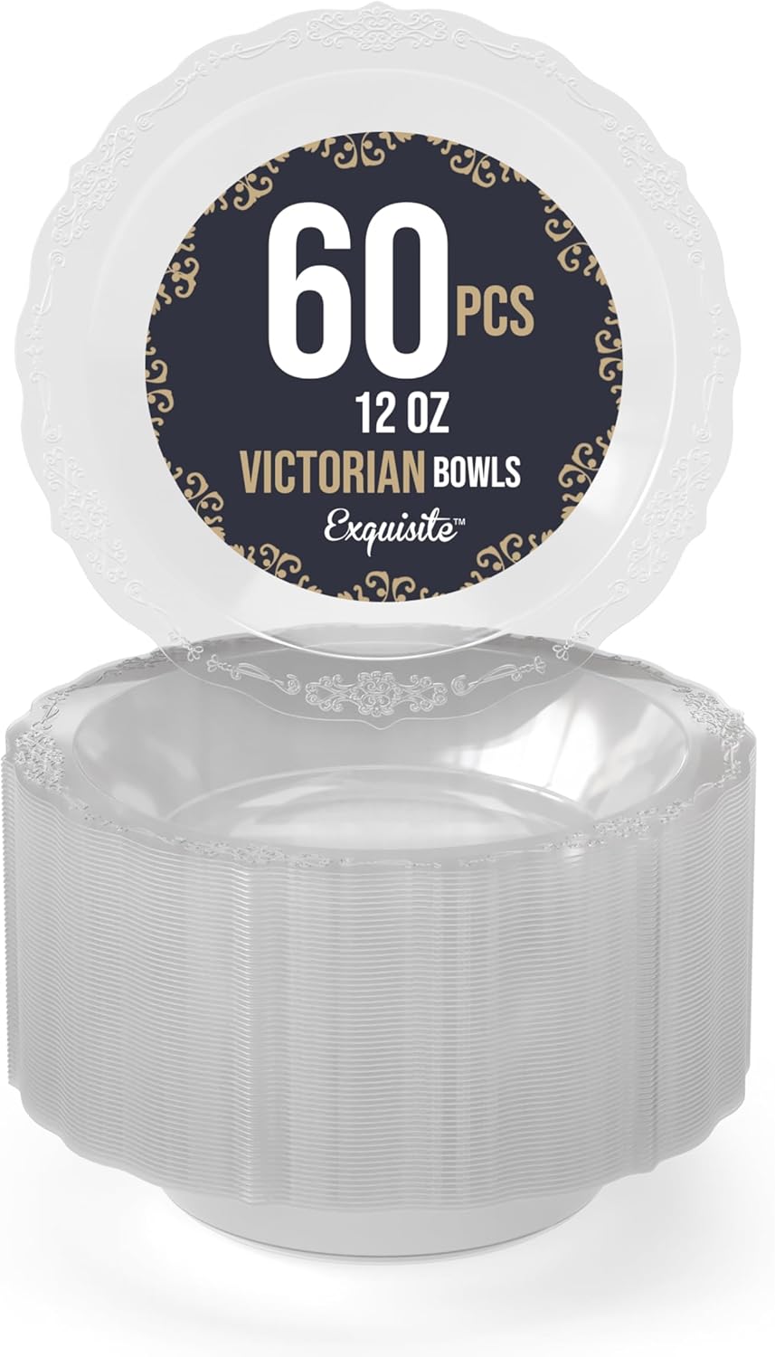 Exquisite Victorian Plastic Bowls Disposable Bowls 60 Pcs 12 oz Bowls | China Like Plastic Bowls for Parties & Weddings Clear Disposable Plastic Bowls