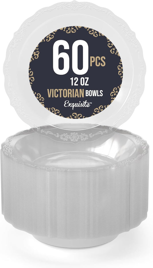 Exquisite Victorian Plastic Bowls Disposable Bowls 60 Pcs 12 oz Bowls | China Like Plastic Bowls for Parties & Weddings Clear Disposable Plastic Bowls