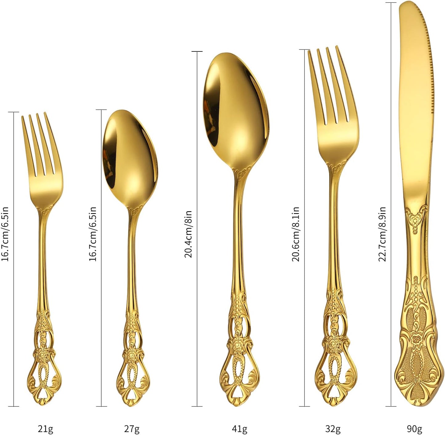 Retro Silverware Gold Set for 4 Stainless Steel Flatware Royal 20 Piece Cutlery Sets Knives Spoons Forks Vintage Hollow Relief Design Durable Festival Parties Daily Kitchen Utensils