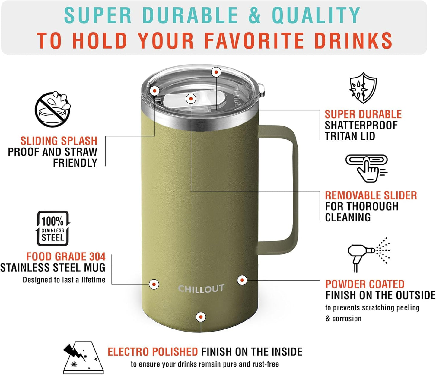 CHILLOUT LIFE Stainless Steel Vacuum Insulated Coffee Mug 16 oz (Set of 2) with Handle and Lid, Large Thermal Camping Coffee Mugs with Sliding Lid for Men & Women, Keeps Your Beverages Hot & Cold