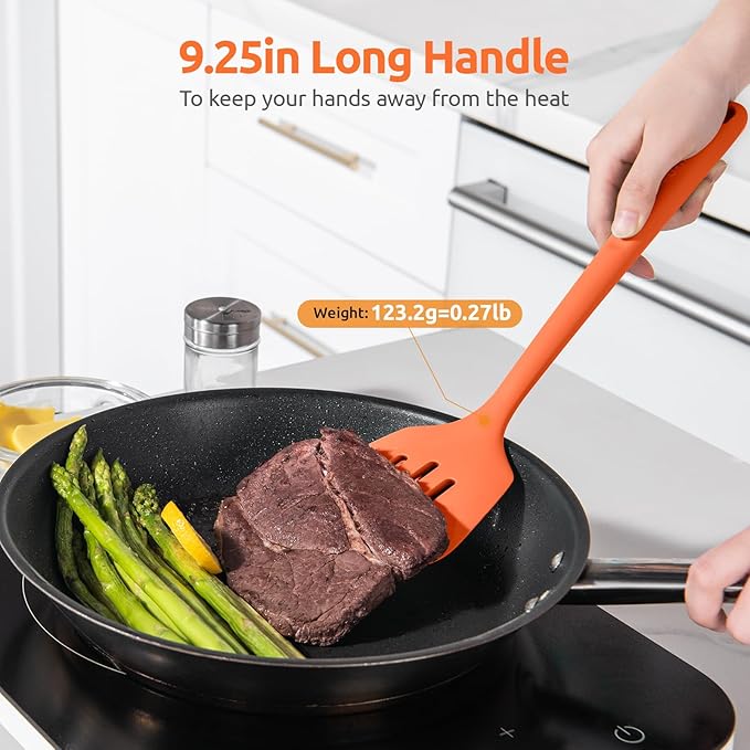 600ºF Heat Resistant Slotted Turner: U-Taste 13.6in Silicone Kitchen Spatula Flipper, 3.74in Wide Food Grade Flexible Thin Rubber Cooking Utensil for Egg, Pancake, Cookie in Nonstick Cookware (Orange)