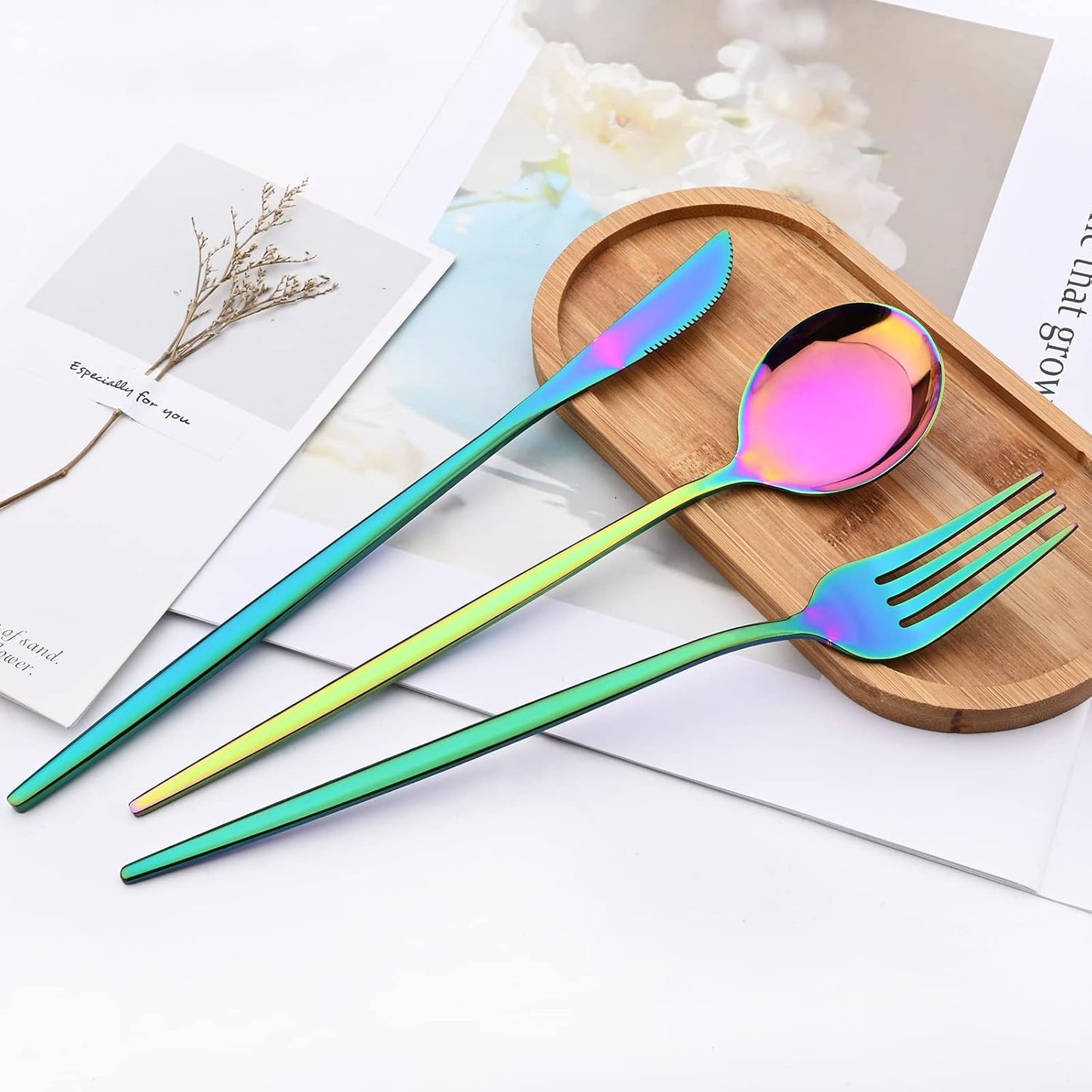 24-Piece Mirror Rainbow Flatware, 18/0 Stainless Steel Dinnerware Set Include Knife Fork Spoon Teaspoon Cutlery Set For Home Restaurant and Party Service For 6, Dishwasher Safe