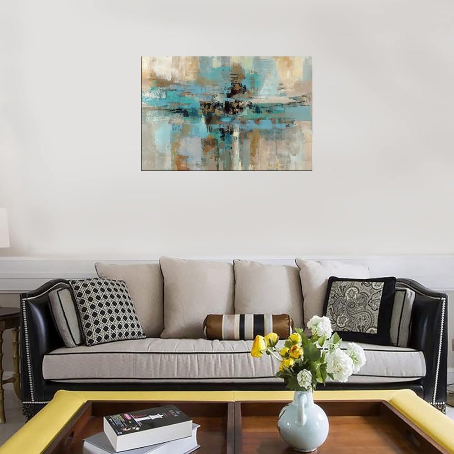 DZL Art A74769 Canvas Prints Abstract Wall Art Print Paintings Blue and Brown Stretched Canvas Wooden Framed for Living Room Bedroom and Office Home Decor Artwork