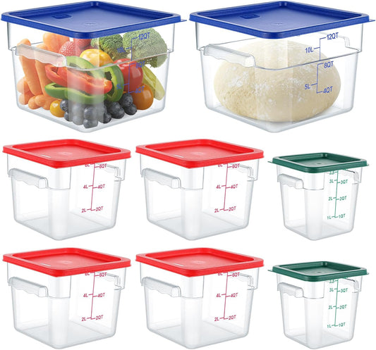8 Set Square Food Storage Containers with Lid Contains 4 Pcs 6 Qt, 12 Quart and 4 Quart 2 Each, Clear Polycarbonate Commercial Food Storage Container Dough Proofing for Restaurant Home
