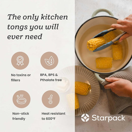 Starpack 'Get a Grip' Silicone Kitchen Tongs for Cooking 9 Inch - BBQ Silicone Tongs for Grill Heat Resistant to 600°F - Stainless Steel Utensils with Non Stick Rubber Tips for Serving Food