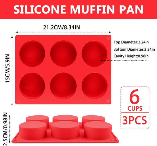 3-Pack Jumbo 6-Cup Silicone Muffin Pan - Non-Stick Baking Mold for Cupcakes, Muffin Cupcake Pans Molds for Baking, Cornbread, Eggs - Red