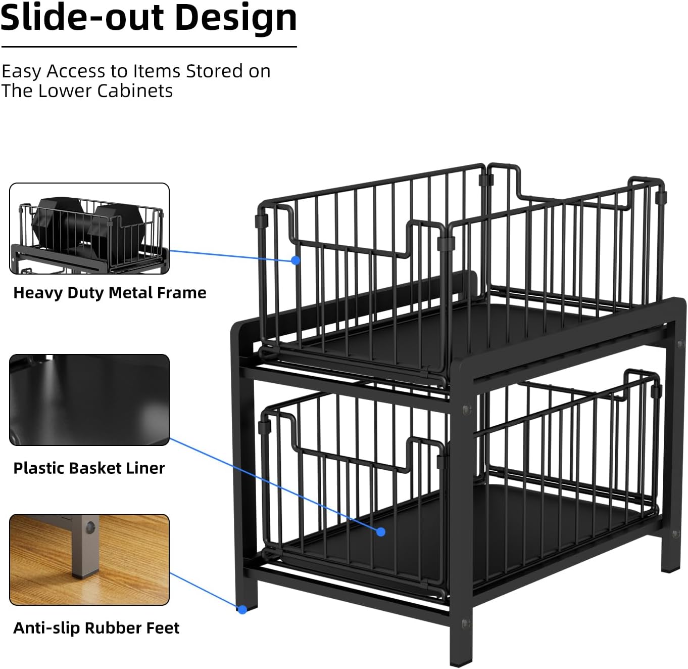 2 Tier Sliding Basket Drawer Organizer, Lxmons Pull Out Under Sink Cabinets Organizers, Metal Home Shelf for Bathroom or Kitchen, Sliding Countertop or Pantry Storage Shelf, Large Black