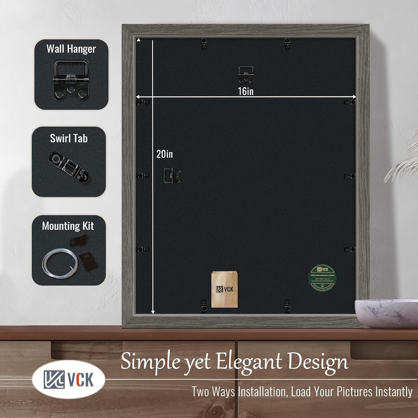 VCK 16x20 Picture Frames for Wall - 5 pack, Grey Natural Solid Wood Frame, Exclusive Wood Grain