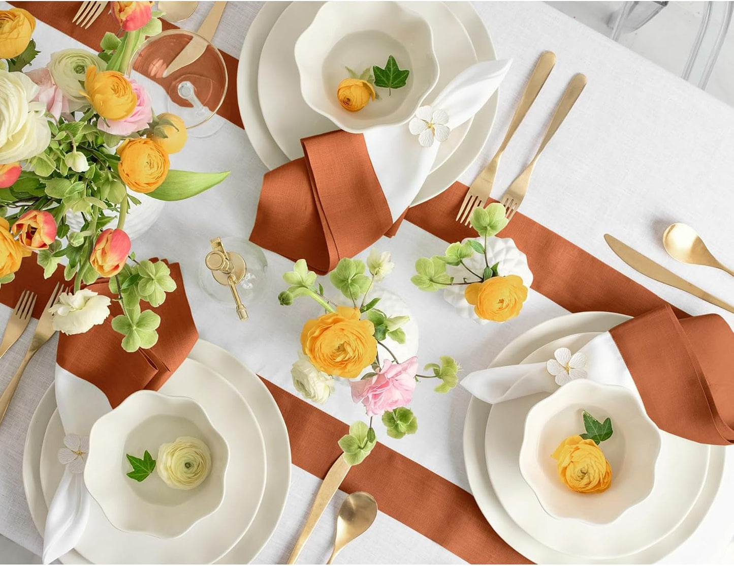 Solino Home Linen Table Runner 60 Inches - 100% Pure Linen Cinnamon and White Small Table Runner 14 x 60 Inch Ideal for Dresser and Coffee Tables - Contempo - Fall, Autumn, Halloween, Thanksgiving