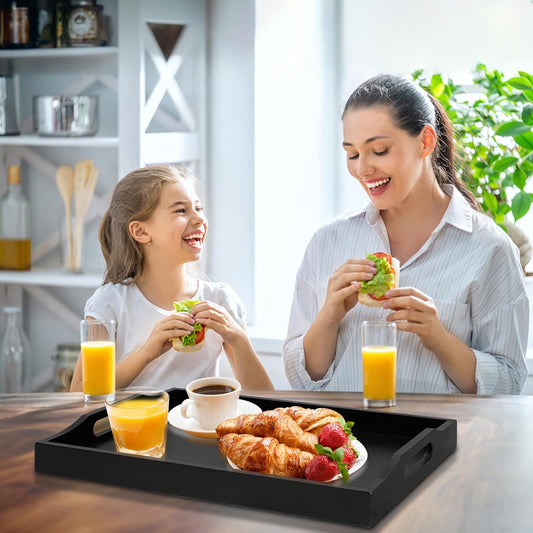 Bamboo Food Serving Tray with Handles, Breakfast Bed Tray for Tea,Snack,Dinner, Home Decorative Storage Food, Platter, Ottoman for Kitchen Counter, Bathroom, Restaurant (Black)