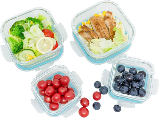 Glass Food Storage Containers with Lids Airtight 4 Pack, Glass Storage Containers with Lids for Food, Not Easy Broken & Leak Proof, Glass Containers with Lids for Oven/Dishwasher Safe, Blue