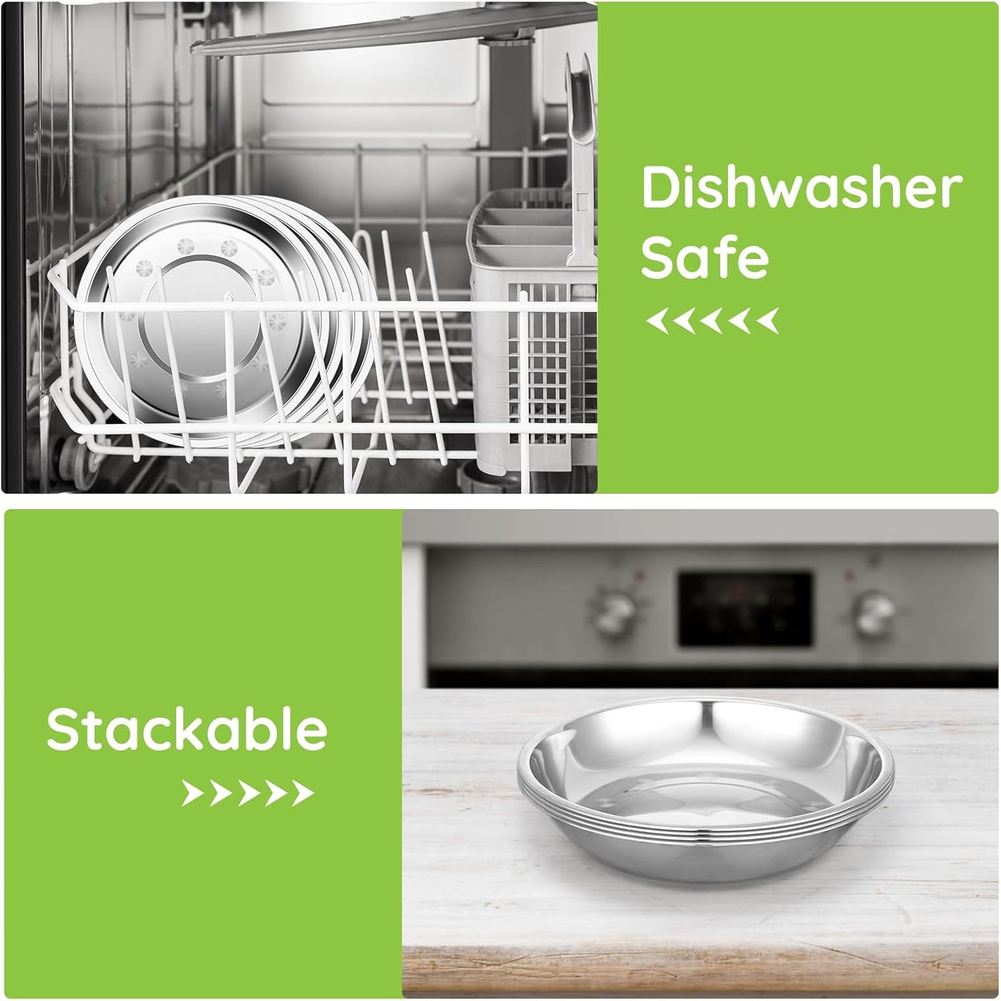 Patterned Deep Stainless Steel Plates, 8 Set 7 inch 201 Metal Food Serving Plate, Reusable Snack Eating Dishes Round Shatterproof Silver Dinnerware for BBQ Dinner Oven Dishwasher Safe