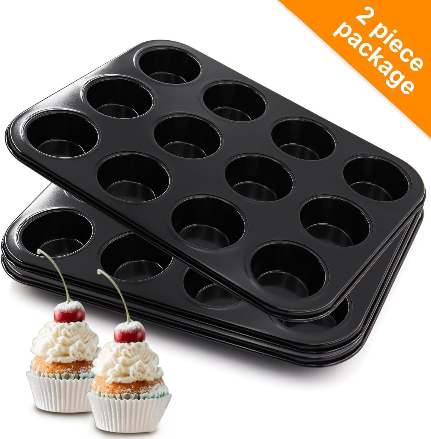 2 Packs Nonstick Round Muffin Baking Pan, Premium Steel Muffin Pan for Baking, Nonstick Cupcake Tin Cheesecake Pans, Bakeware Muffin Top Pan (12 Cups, Black)
