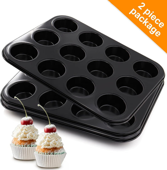 2 Packs Nonstick Round Muffin Baking Pan, Premium Steel Muffin Pan for Baking, Nonstick Cupcake Tin Cheesecake Pans, Bakeware Muffin Top Pan (12 Cups, Black)