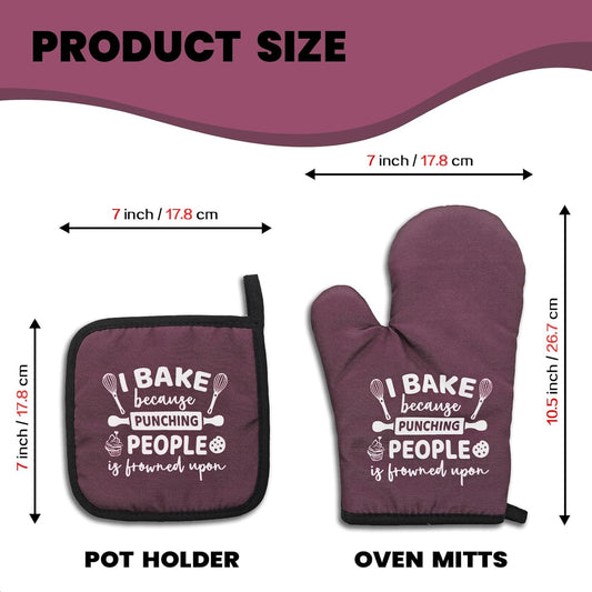 Funny Oven Mitts and Pot Holders（Set of 2） I Bake Because Punching People is Frowned Upon Silicone Non-Slip Oven Mitts Funny Kitchen Decor Gifts for Chef Cook Lover Family Friend Hostess