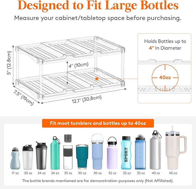 Lifewit Stackable Water Bottle Storage Organizer, Clear Freestanding Wine Bottle Holder for Cabinet, Tumbler Cup Organizer, Plastic Large Compartment Wine Rack for Fridge Cellar, 2Tier Hold 6